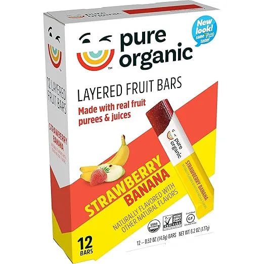 Pure Organic Layered Fruit Bars, Strawberry Banana, Gluten Free, Vegan Fruit Snacks (2 Boxes, 24 Bars)