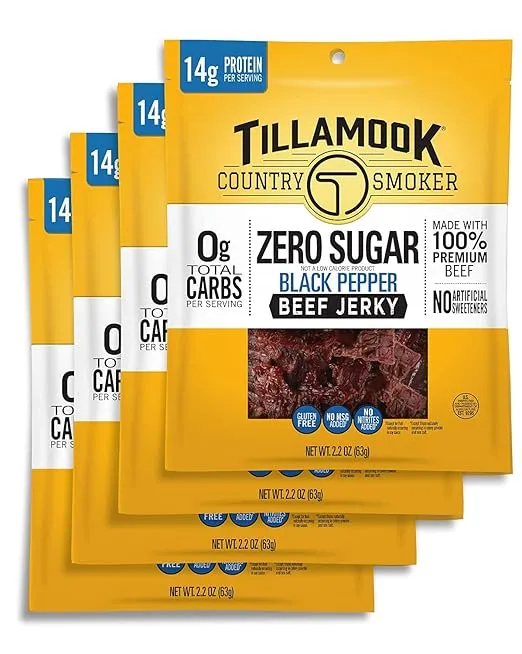 Tillamook Country Smoker Keto Friendly Zero Sugar Beef Jerky, Black Pepper, 2.2 Ounce (Pack of 4)
