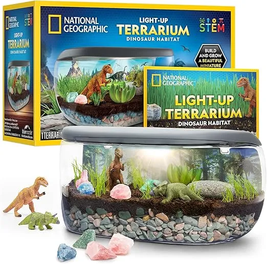 NATIONAL GEOGRAPHIC Light Up Terrarium Kit for Kids - Build a Dinosaur Habitat with Real Plants & Gemstones, Science Kit Gift for Boys & Girls, Dinosaur Toys for Kids (Amazon Exclusive)