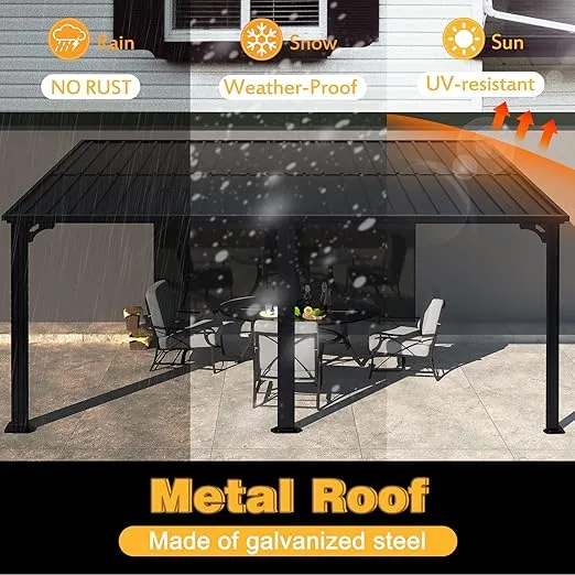 10x14 FT Hardtop Wall-Mounted Gazebo, Outdoor Pergola Canopy with Aluminum Frame & Drainage Hole for Patio, Deck, Yard