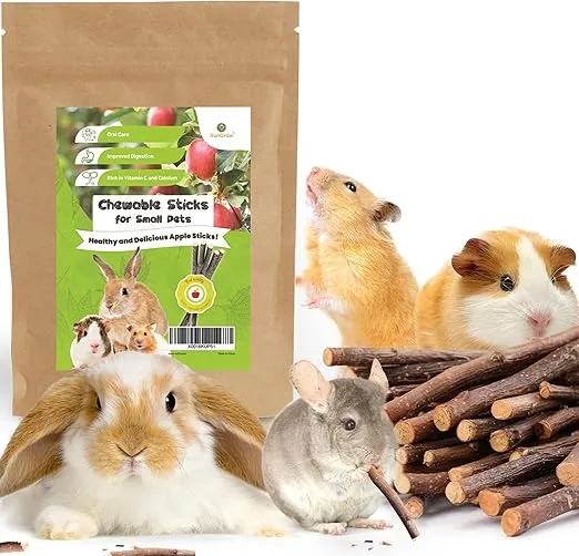 SunGrow Apple Sticks, Wood Chew Sticks for Rabbits, Chinchillas, Bunny, Hamster, Squirrel, Guinea Pigs, Small Animals Molar Pet Chew Toys Treat Sticks for Teeth Grinding 200g (7 oz)