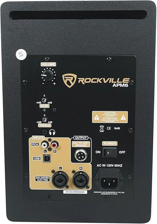 Rockville APM6B Powered USB Studio Monitor Speaker Pair in Black, 6.5", 2-Way, 350W, EQ, MDF Wood, RCA/XLR, Perfect for Studios, Recording, Music