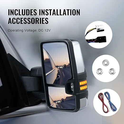VEVOR Towing Mirrors Fit for 2008-2014 Chevy Silverado GMC Sierra Power Heated LED Arrow Signal Light Side View Mirror Pair Manual Controlling Telescoping Folding, Silver