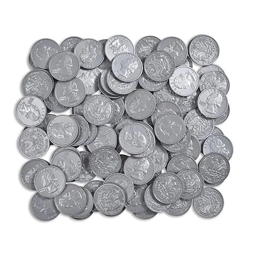 LEARNING ADVANTAGE Play Quarters - Set of 100 Plastic Coins - Designed and Sized Like Real US Currency - Teach Money Math With This Pretend Play Resource
