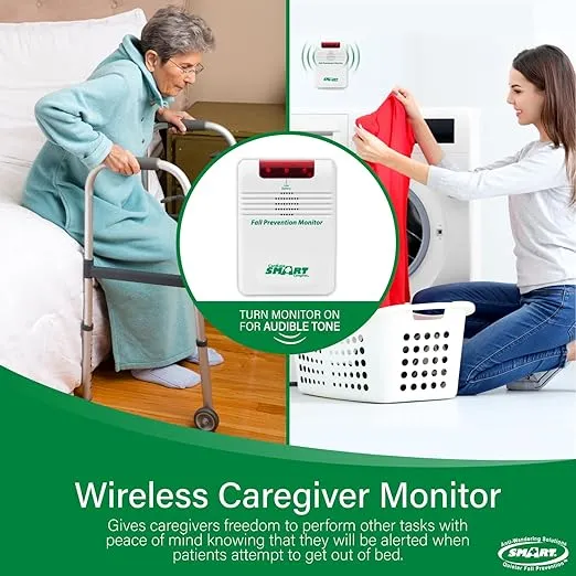 Smart Caregiver Wireless Bed Pad Alarm System with Weight Sensor Pad for Fall Prevention | 10" x 30" Alarm Pad for Bed Alerts Medical Caregiver | Cordless Bed Alarm with Up to 300' Range