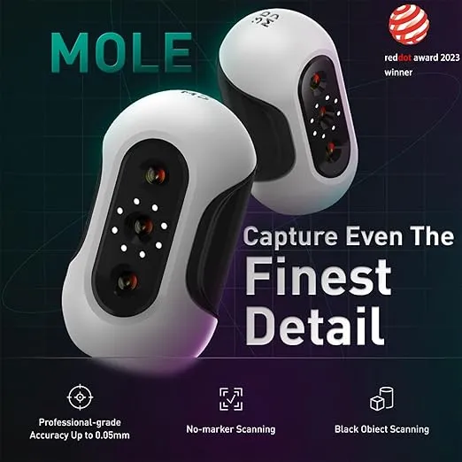 Mole 3D Scanner for 3D Printing - 3D Printer Accessories 0.05mm Accuracy 0.1mm Resolution 10FPS Handheld & Turntable Scan, NIR Light & Visual Tracking Technology, Free 3D Scanning Software