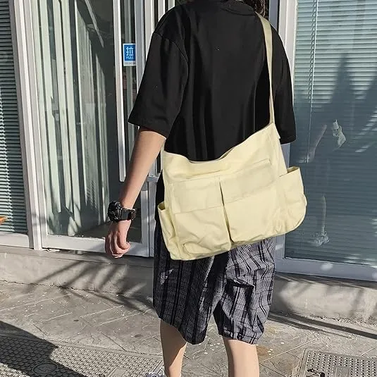Canvas Tote Bag Hobo Crossbody Handbag Big Capacity Messenger Bag with Multiple Pockets Casual Shoulder Bag for Women Men