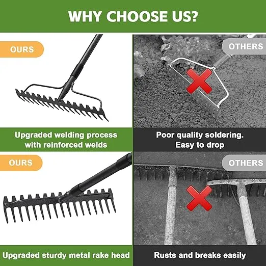 63 inch Bow Rake,17 Steel Tines Portable and Adjustable Heavy Duty Garden Rake with Stainless Steel Handle Metal Head Rake Tool for Gardening Leaves Loosening Soil Leveling Lawn Farming Land