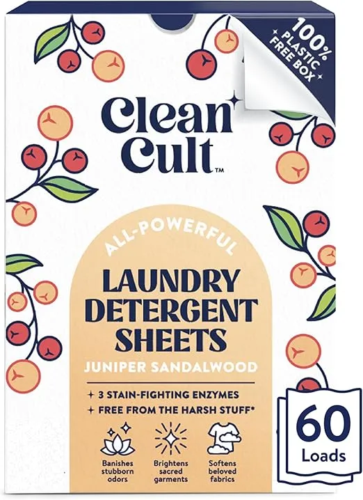 Cleancult Laundry Detergent Sheets - Resealable Box - 3 Stain Fighting Enzymes - Juniper Sandalwood - 60 Loads - Free of Harsh Chemicals - No Mess - No Plastic Waste