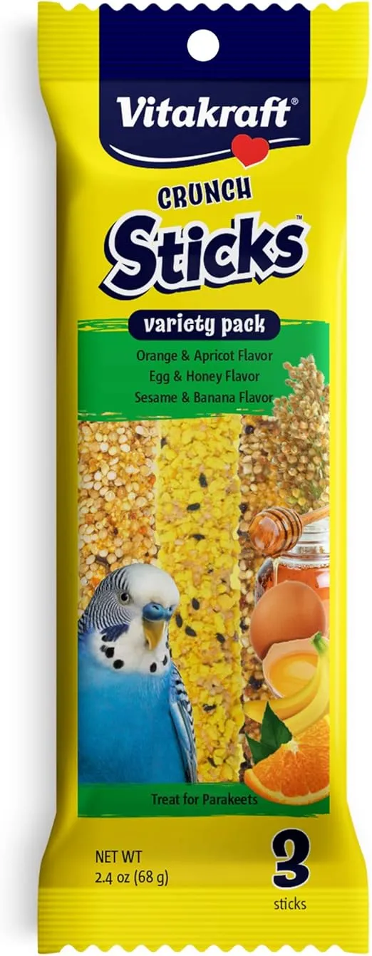 Vitakraft Crunch Sticks Variety Pack: Orange & Apricot Flavor, Egg & Honey Flavor, Sesame & Banana Flavor Treats for Parakeets, 2.4 oz