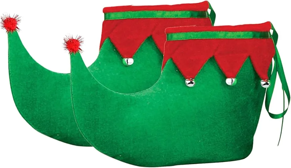 Skeleteen Red Green Elf Shoes - Red and Green Velvet Holiday Elf Feet Slippers with Jingle Bells for Adults and Kids