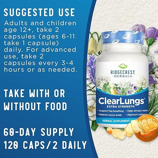 Ridgecrest Herbals ClearLungs Extra Strength, Natural Lung, Nasal Health Formula, Bronchial, Respiratory, Sinus, Mucus Support (120 Caps, 60 Serv)