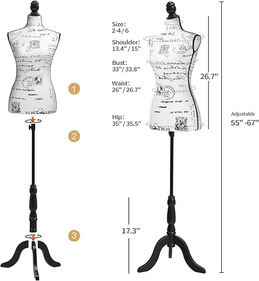 Bonnlo Female Dress Form Pinnable Mannequin Body Torso with Wooden Tripod Base Stand (Monogram Pattern, 6)