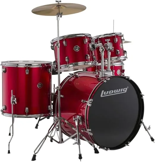 Ludwig Accent 5-piece Complete Drum Set with 20 inch Bass Drum and Wuhan Cymbals - Red Sparkle