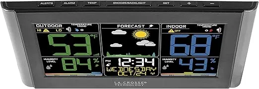 La Crosse Technology Weather Station with Customizable Alerts, Weather Forecast, Temperature, Dew Point, Humidity, Time, Heat Index, Large Display, Adjustable Brightness, Wireless, Black, C85845-INT