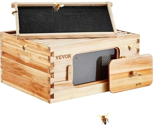 VEVOR 10 Frame Deep Brood Bee Hive Box, Bee Box Dipped in 100% Beeswax, Langstroth Beehive Kit with 10 Frames and Foundations Sheets and Transparent Acrylic Windows for Beekeeping Supplement