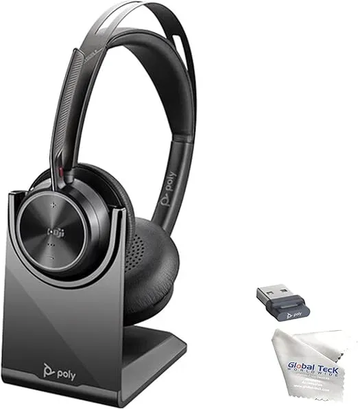 Plantronics Poly Voyager Focus 2 UC Wireless Headphones with Headset Stand, Compatible for Teams, Phones Calls, Zoom, Noise Cancelling Wireless Headset with Mic for Work, Over The Ear, GTW Microfiber
