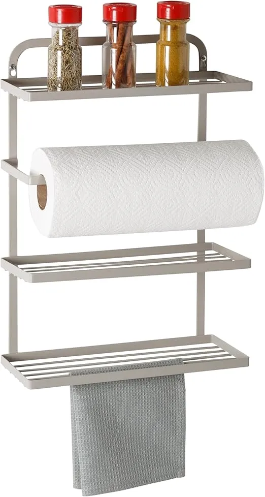 Honey-Can-Do 3-Shelf Cabinet Door Organizer with Paper Towel Holder, Wall Mounted of Hang Over Cabinet Door for Kitchen or Bathroom Organization, Gray