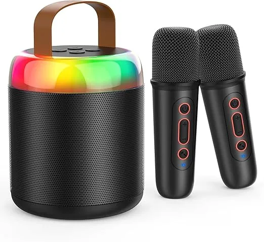 Mini Karaoke Machine for Kids Portable Bluetooth 5.3 Speaker Led Lights with 2 Wireless Microphones Karaoke Toy Gifts for Girls Boys Audlt Birthday Christmas Solid Metal Body (Black)