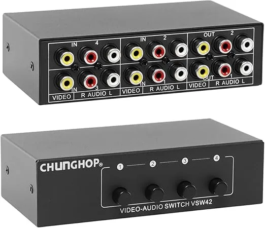CHUNGHOP 4 in 2 Out Composite AV Switcher 3 RCA Video Audio Switch Box Selector 4 in 1 Out 4x2 for HDTV LCD DVD STB Game Consoles