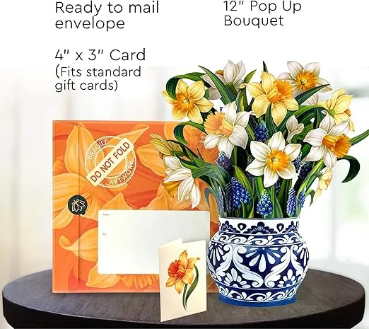 Freshcut Paper Pop Up Cards, English Daffodils 12 inch Paper Flower Bouquet Greeting Cards with Blank Note Card & Envelope, Birthday Gifts for Women