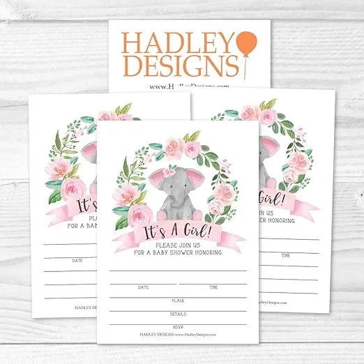 25 Elephant Wreath Baby Shower Invitations, Sprinkle Invite For Girl, Coed Pink Safari Gender Reveal Theme, Cute Animal Jungle DIY Fill or Write In Blank Printable Card, Blush Garden Party Supplies