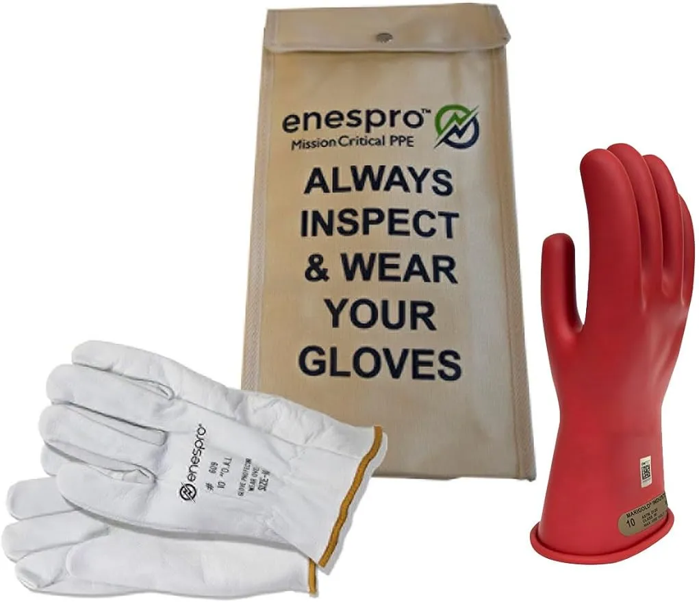 Class 00 Red Rubber Voltage Insulating Glove Kit with Leather Protectors, Max. Use Voltage 500V AC/ 750V DC (KITGC00R10)