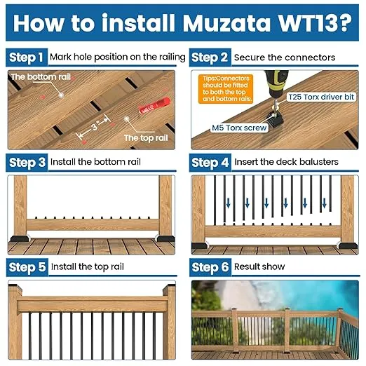 Muzata 25Pack 36" Aluminum Deck Balusters Square Black Deck Railing Stair Porch Staircase Spindles 3/4" Diameter Hollow for Wood and Composite Deck, WT13