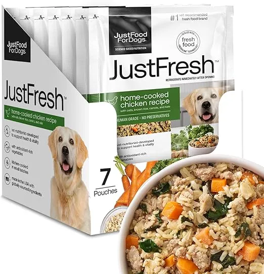 JustFoodForDogs JustFresh Home-Cooked Chicken Dog Food with No Preservatives, Resealable Packaging, Human Grade Wet Dog Food, 12 oz - 7 Pack