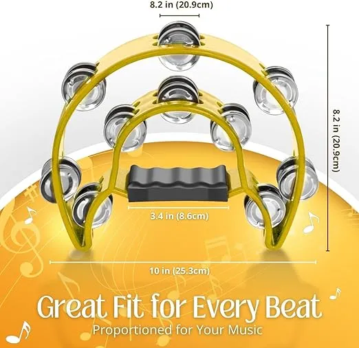 Flexzion Tambourine Metal Half Moon Musical Instruments Double Row Metal Jingles Hand Held Instruments Percussion with Ergonomic Handle Grip, Tambourines for Adults Church, Yellow
