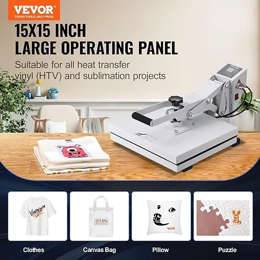 VEVOR Heat Press, 15x15 Heat Press Machine, Fast Heating, High Pressure Heat Press Machine for T-Shirt, Power Digital Industrial Sublimation Printer for Heat Transfer Vinyl, Easy to Use, White
