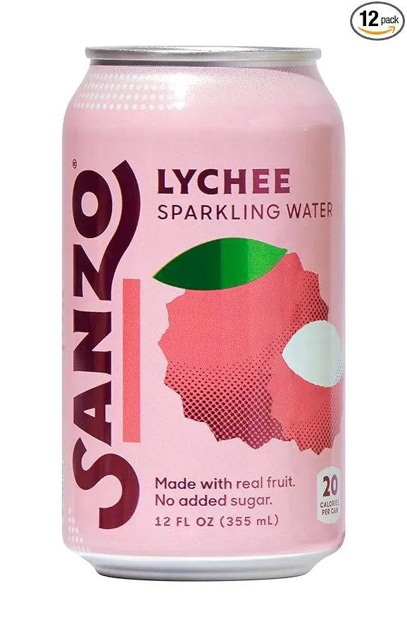 Sanzo Flavored Sparkling Water - Lychee (Berry), 12-Pack - Carbonated Drink Made with Real Fruit and Sugar-Free - Non-GMO, Gluten-Free and Vegan - 12 Fl Oz Cans - Floral, Fragrant, and Sweet