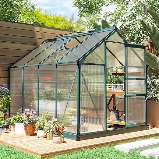 Outsunny 6' x 8' Greenhouse for Outdoors, Polycarbonate Greenhouse with Rain Gutter and Roof Vent, Aluminum Walk-in Green Houses for Outside for Patio Backyard Garden, Dark Green