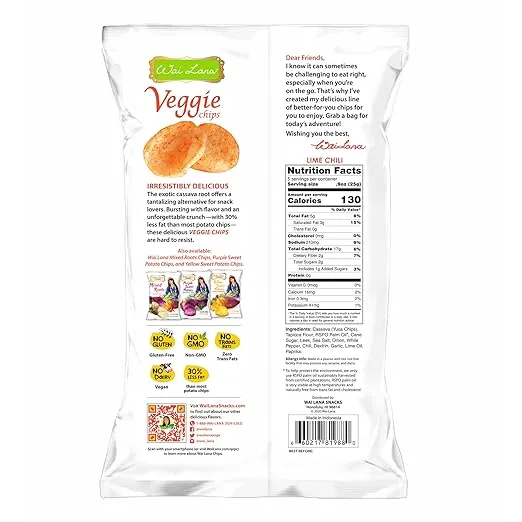 Wai Lana Veggie Chips Lime Chili (5 Pack of 4.5 Ounce Individual Bags) - Gluten Free, Non-GMO, Vegan, Zero Trans Fats