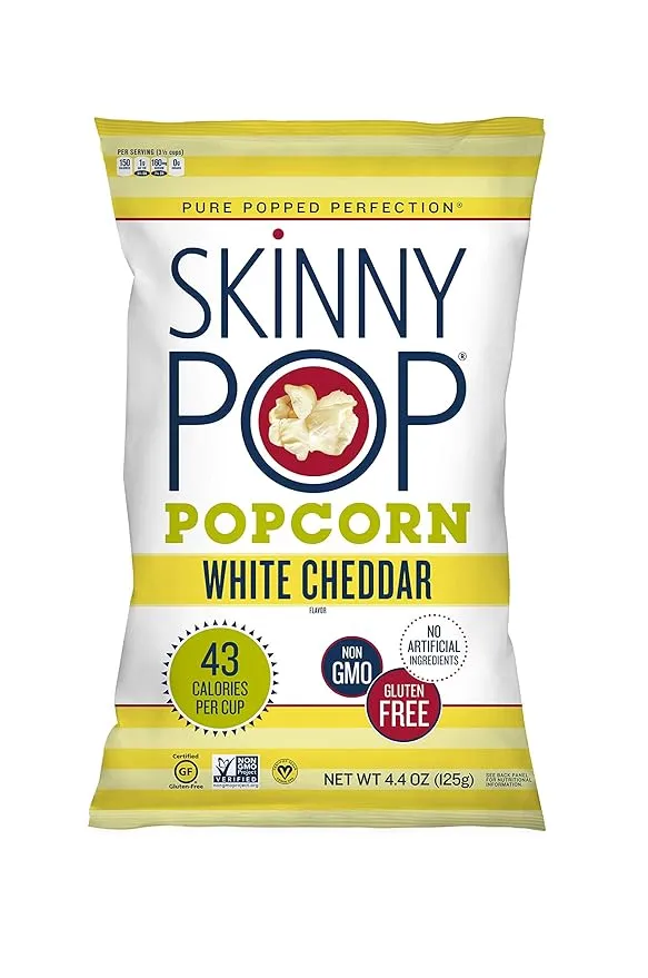 SkinnyPop Popcorn, Gluten Free, Non-GMO, Healthy Snacks, Skinny Pop Dairy Free White Cheddar Popcorn, 4.4oz Grocery Size Snack Bags (12 Count)