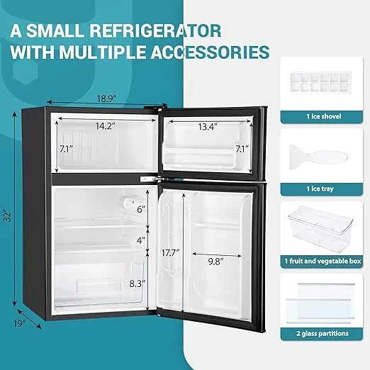 EUHOMY Mini Fridge with Freezer, 3.2 Cu.Ft Compact Refrigerator with freezer, 2 Door Mini Fridge with freezer, Upright for Dorm, Bedroom, Office, Apartment- Food Storage or Drink Beer, Black