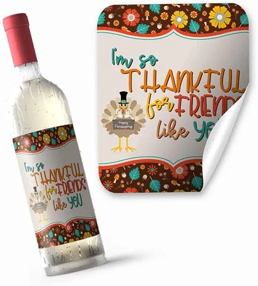 Friendsgiving Thanksgiving With Friends Themed Waterproof Wine Bottle Sticker Wrappers, 4 3.75" x 4.75" Wrap Around Labels by AmandaCreation (WINE NOT INCLUDED)