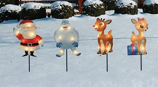 Product Works 8-Inch Pre-Lit Rudolph the Red-Nosed Reindeer Pre-Lit Christmas Pathway Markers (Set of 4) (30539), Multicolor