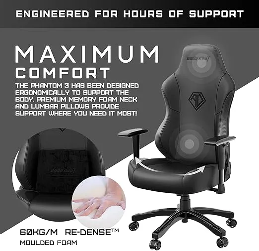 Anda Seat Phantom 3 Leather Gaming Chairs for Adults - Large Wide Seat Gaming Chair with Lumbar Support, Comfortable Premium Video Gaming Seats with Headrest - Black Gaming Chair with Cushion