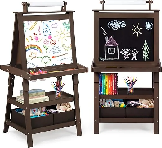 Art Easel for Kids, 3 in 1 Wooden Toddler Easel w/Magnetic Whiteboard, Chalkboard & Paper Roll, Painting Easel with 2 Shelves and 2 Storage Bins, Standing Easel for Boys Girls, Coffee