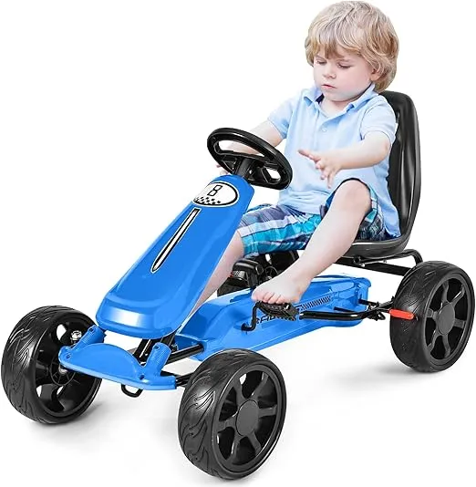 Costzon Go Kart, 4 Wheel Powered Ride On Toy, Outdoor Racer Pedal Car with Clutch, Brake, EVA Tires, Adjustable Seat (Blue)