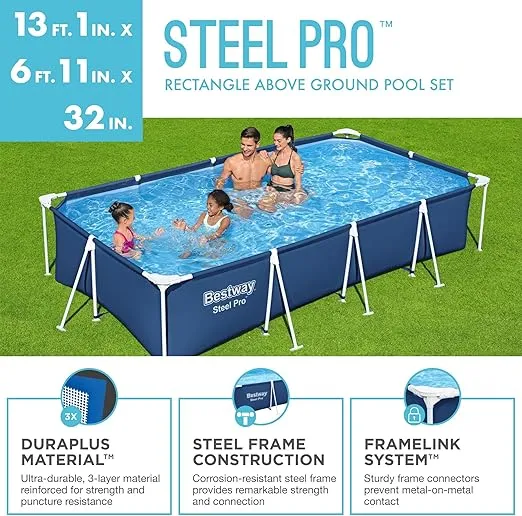 Bestway Steel Pro 13 Foot x 32 Inch Rectangular Above Ground Outdoor Pool Steel Framed Vinyl Swimming Pool with 1,506 Gallon Water Capacity, Blue