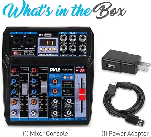 Pyle Professional Wireless DJ Audio Mixer - 6-Channel Bluetooth Compatible DJ Controller Sound Mixer w/DSP Effects, USB Audio Interface, Dual RCA In, XLR/1/4" Microphone In, Headphone Jack PMX44T