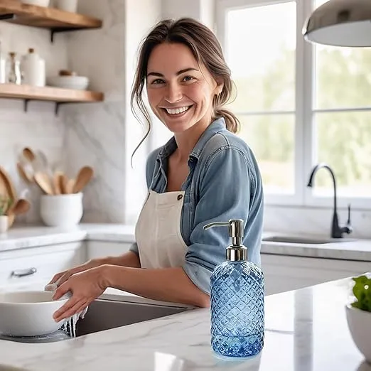 JASAI 18Oz Gem Patterned Glass Soap Dispenser for Kitchen, Refillable Hand Soap Dispenser with Rust Proof Stainless Steel Pump, Clear Soap Dispenser Bathroom for Dish Soap, Hand soap, Lotion(Blue)