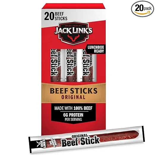 Jack Link's Beef Sticks, Original – Protein Snack, Meat Stick with 6g of Protein, Made with 100% Beef, Individually Wrapped Beef Snack Sticks – 0.92 Oz. (20 Count)