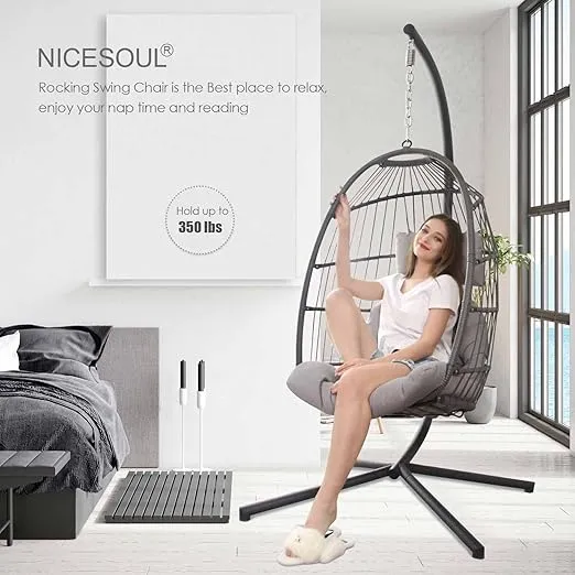 NICESOUL® Egg Chair Outdoor Indoor Patio Wicker Hanging Egg Chair with Stand, Swing Hammock Egg Chairs with Thicken Padded Cushions, 350lbs Capacity for Living Room Bedroom Balcony Xmas Gift