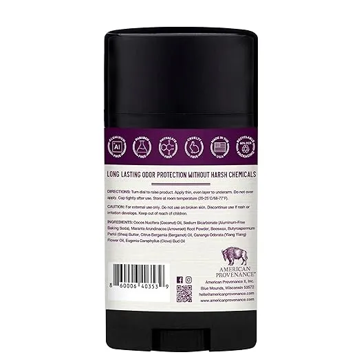 American Provenance Aluminum Free Natural Deodorant For Women and Men - Ylang Ylang and Clove - 24 Hour Odor Protection - Cruelty Free - Made in the USA (1 pack)