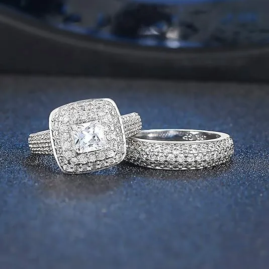 Double Fair 2 Piece Wedding Ring for Women 1 Carat Princess Cut Cubic Zirconia Engagement Promise Bridal silver Band Fashion Cute White Gold Plated Ring Set Gift Jewelry
