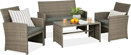 Best Choice Products 4-Piece Outdoor Wicker Patio Conversation Furniture Set for Backyard w/Coffee Table, Seat Cushions - Taupe/Slate Green
