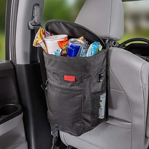 Lusso Gear Spill-Proof Car Trash Can (2.5 Gallon) - Easy to Clean Hanging Garbage Bin - Removable Liner - Leak-Proof Gray Car Garbage Can - Waterproof Trash Can for Car and SUV - Hanging Car Trash Bin